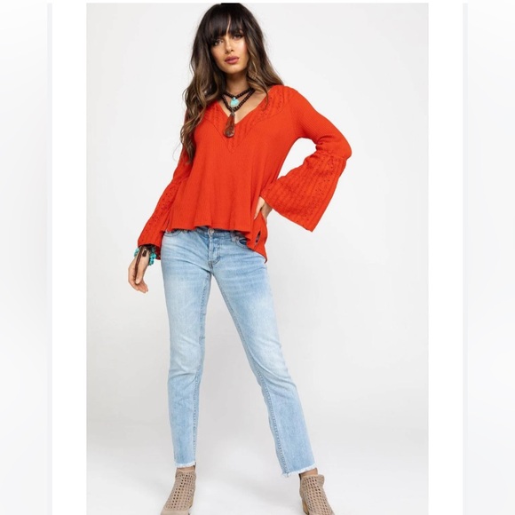 Free People Red Eyelet Lace Wide Bell Sleeve Waffle Knit Thermal Top - Picture 12 of 12